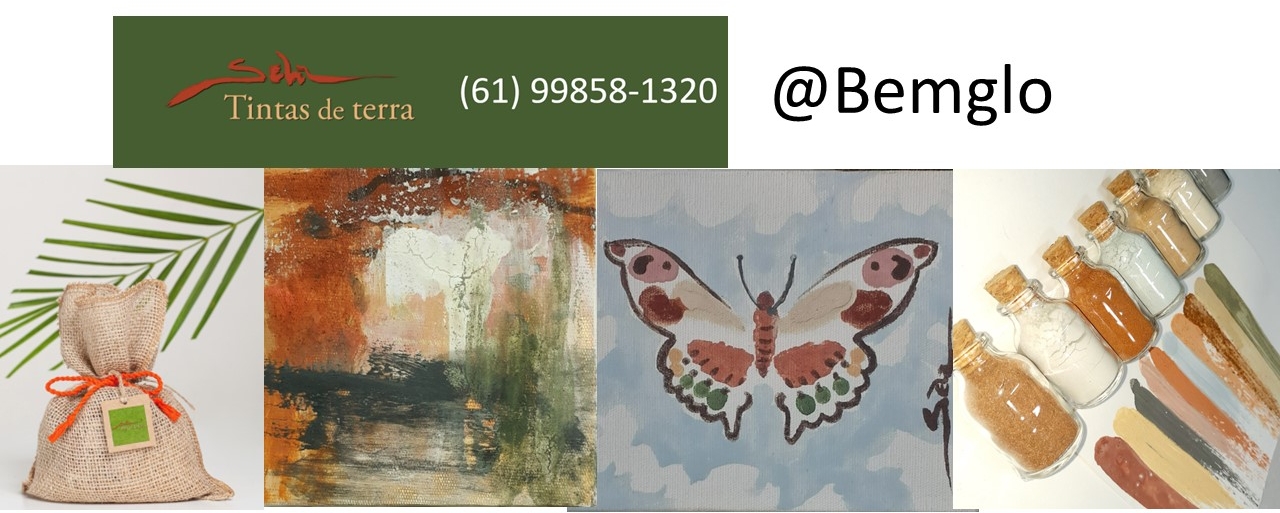 Logo de Sela Tintas de terra, telefone 61 99858 1320, imagem do kit, uma pintura abstrata e uma de borboleta feitas com Sela Tintas de terra, alm de imagem dos vidrinhos de tinta e paleta pintada